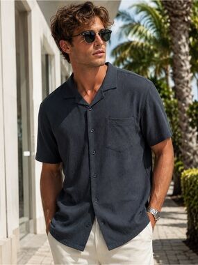 Brand New LIRA  Men's Short-Sleeve Button-Down Shirt in Charcoal #NWT -Medium